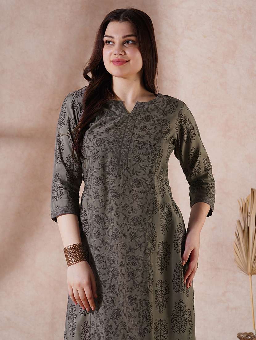 women olive three quarter sleeve kurta pant set - 21915406 -  Standard Image - 5