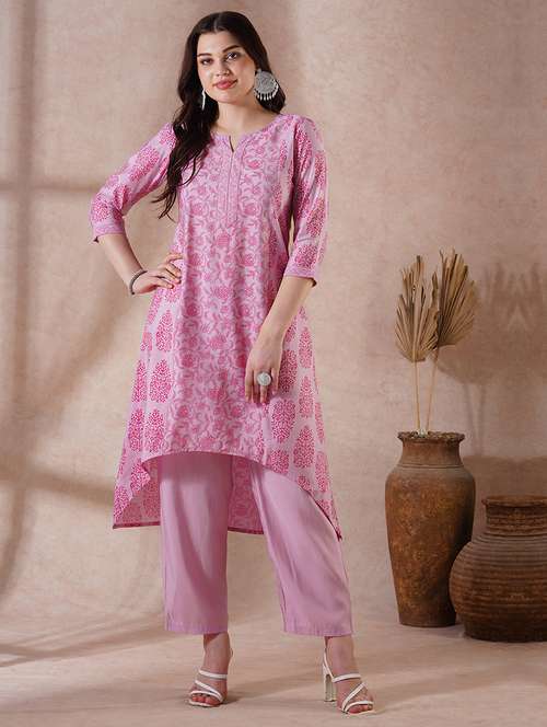 women pink three quarter sleeve kurta pant set - 21915407 -  Standard Image - 0