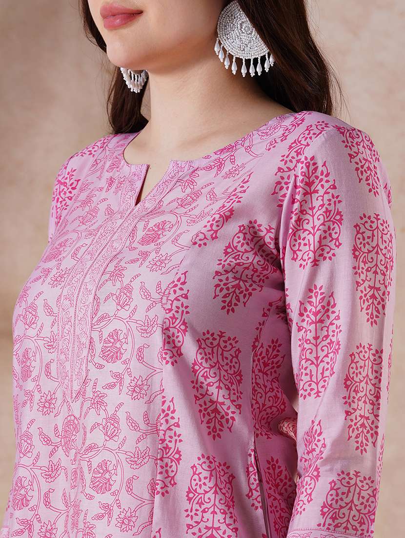 women pink three quarter sleeve kurta pant set - 21915407 -  Standard Image - 3
