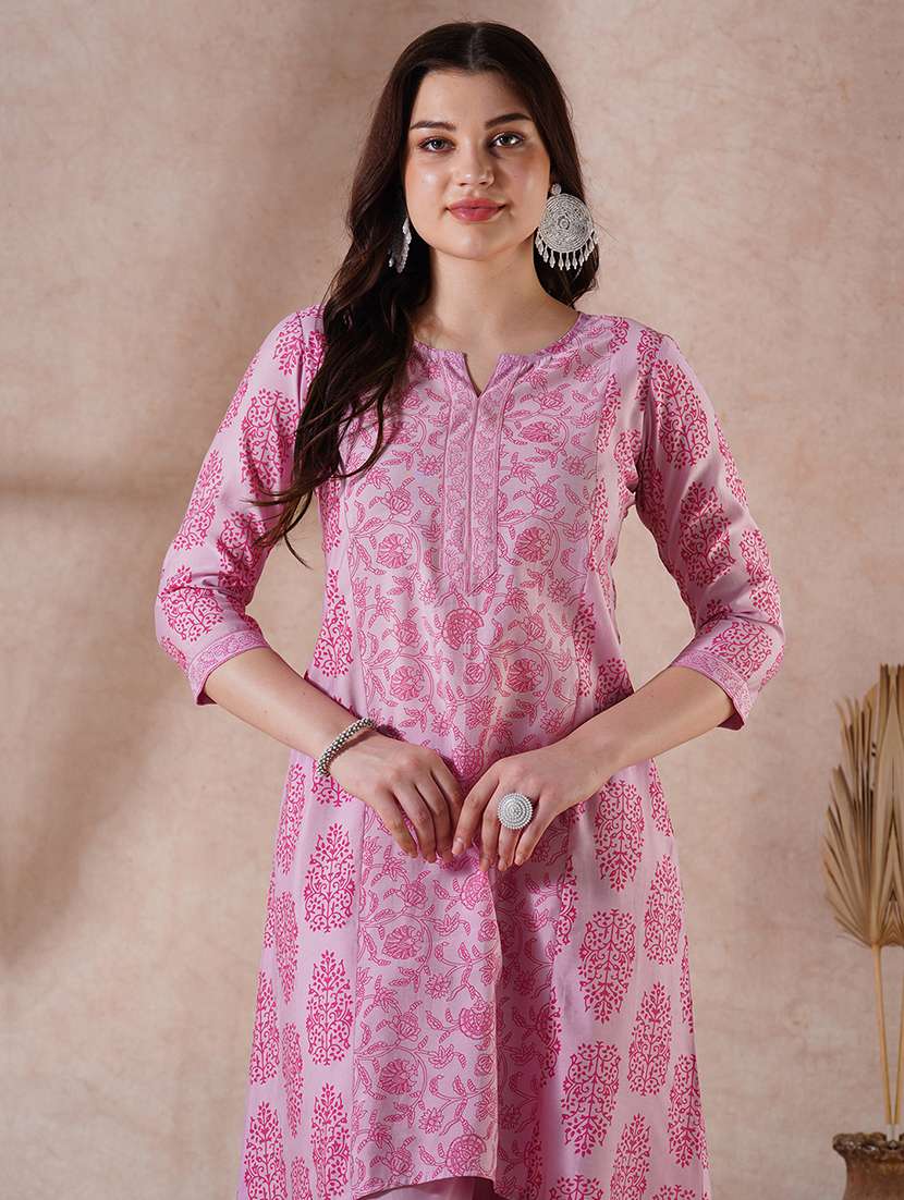 women pink three quarter sleeve kurta pant set - 21915407 -  Standard Image - 5