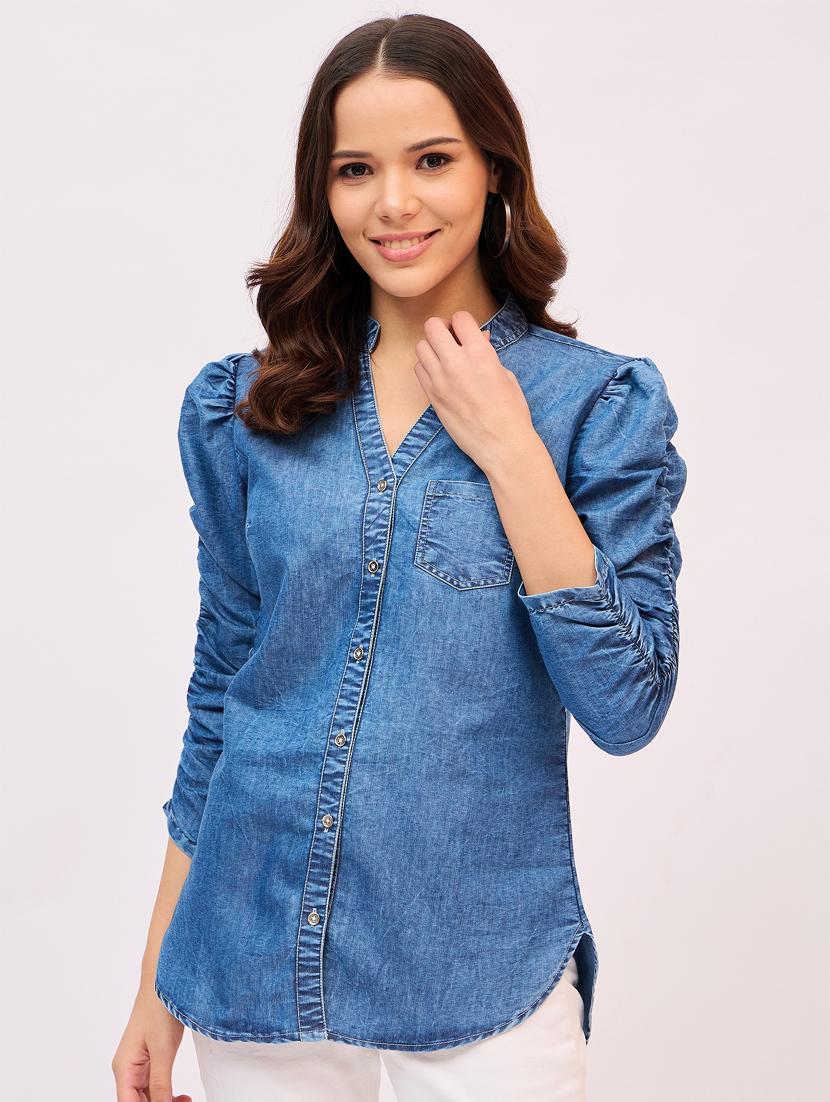 women solid mandarin neck denim shirt - 21916021 - Zoom Image - 0