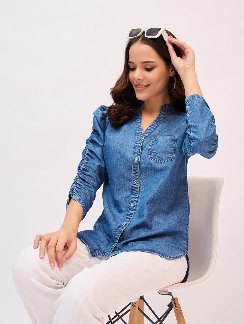 women solid mandarin neck denim shirt - 21916021 - Standard Image - 3