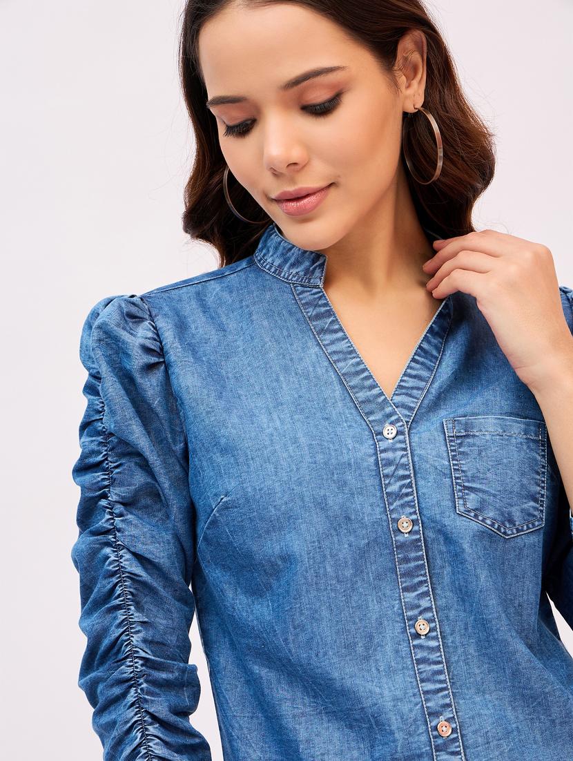 women solid mandarin neck denim shirt - 21916021 - Standard Image - 5