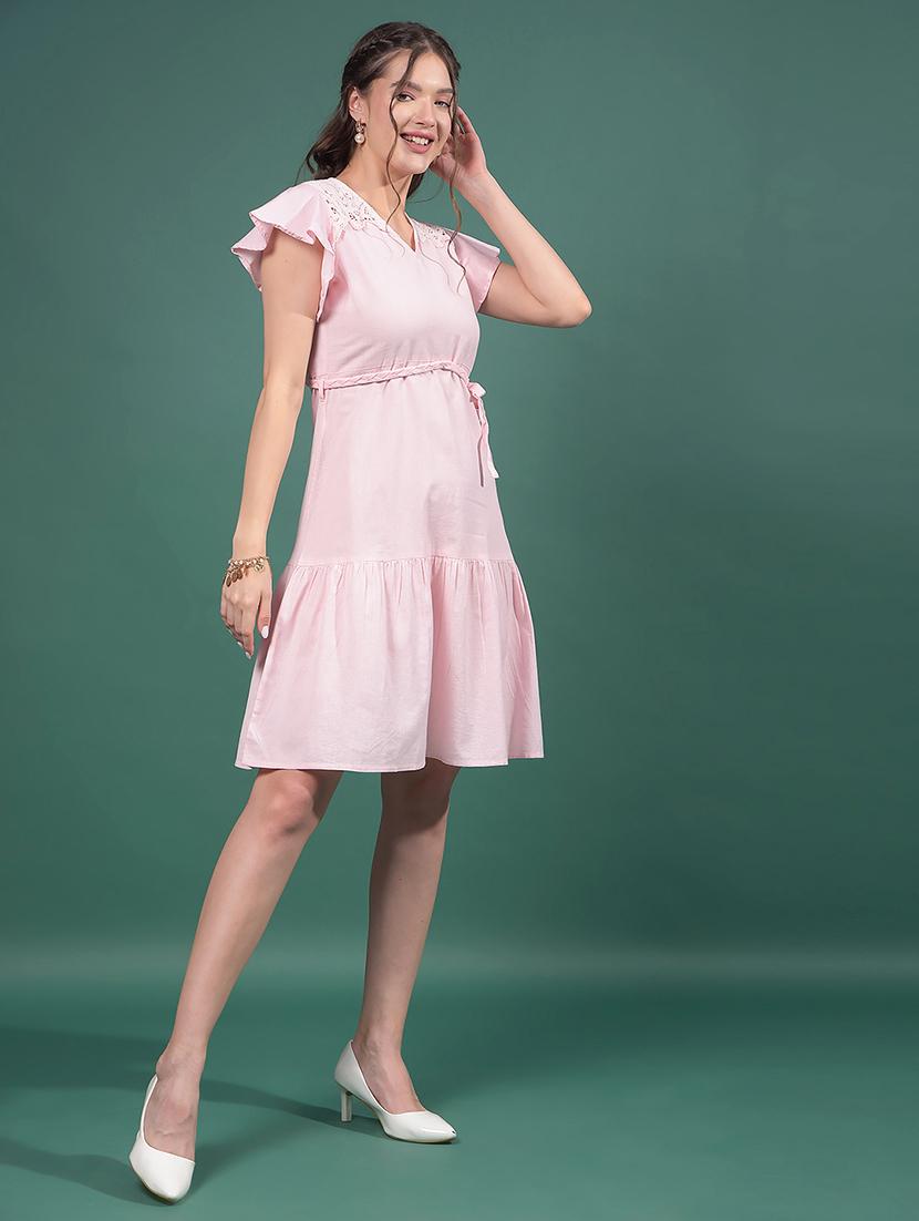 women solid lace detailed tiered dress - 21916024 - Standard Image - 3