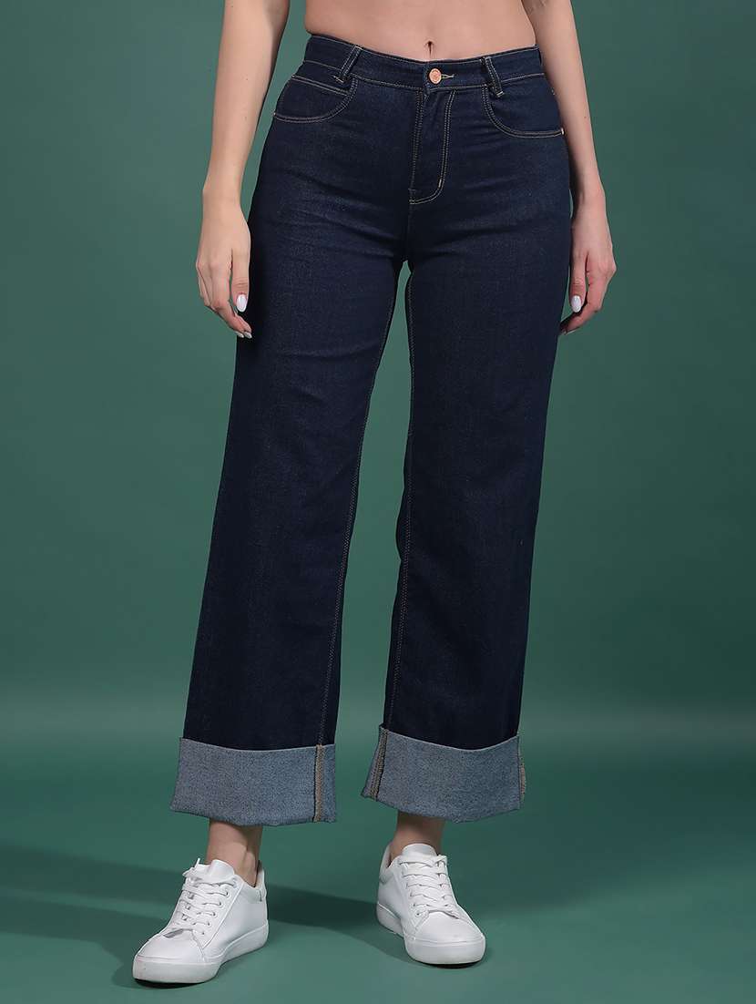 women solid mid rise straight fit jean