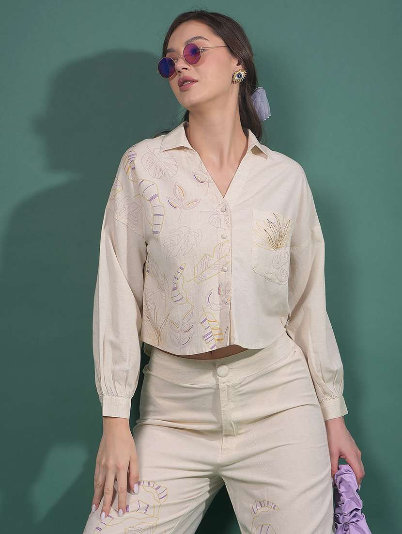 women printed collared long sleeves crop shirt