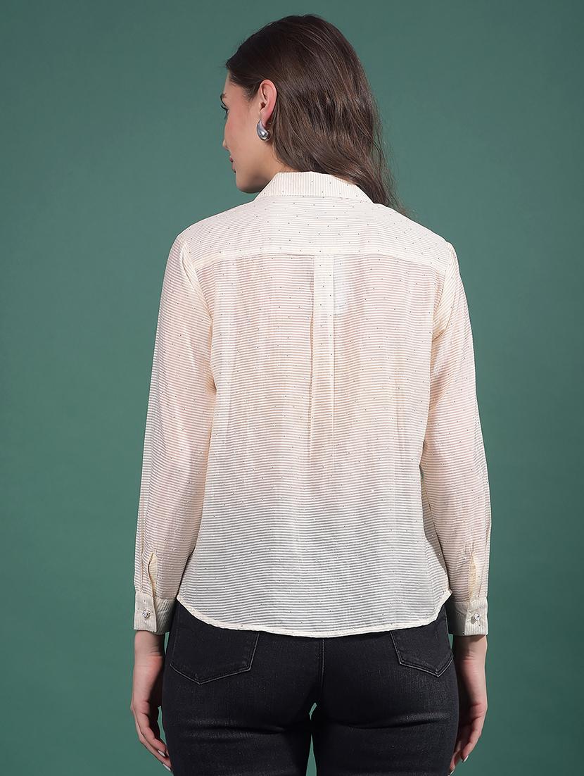 women striped collared long sleeves shirt - 21916045 - Standard Image - 3