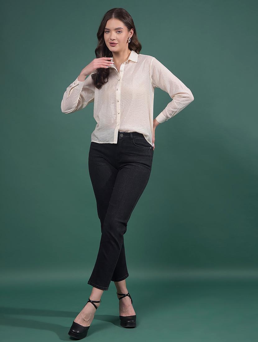 women striped collared long sleeves shirt - 21916045 - Standard Image - 5