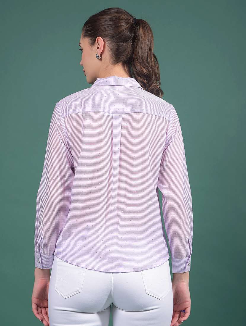 women striped collared long sleeves shirt - 21916046 - Standard Image - 3