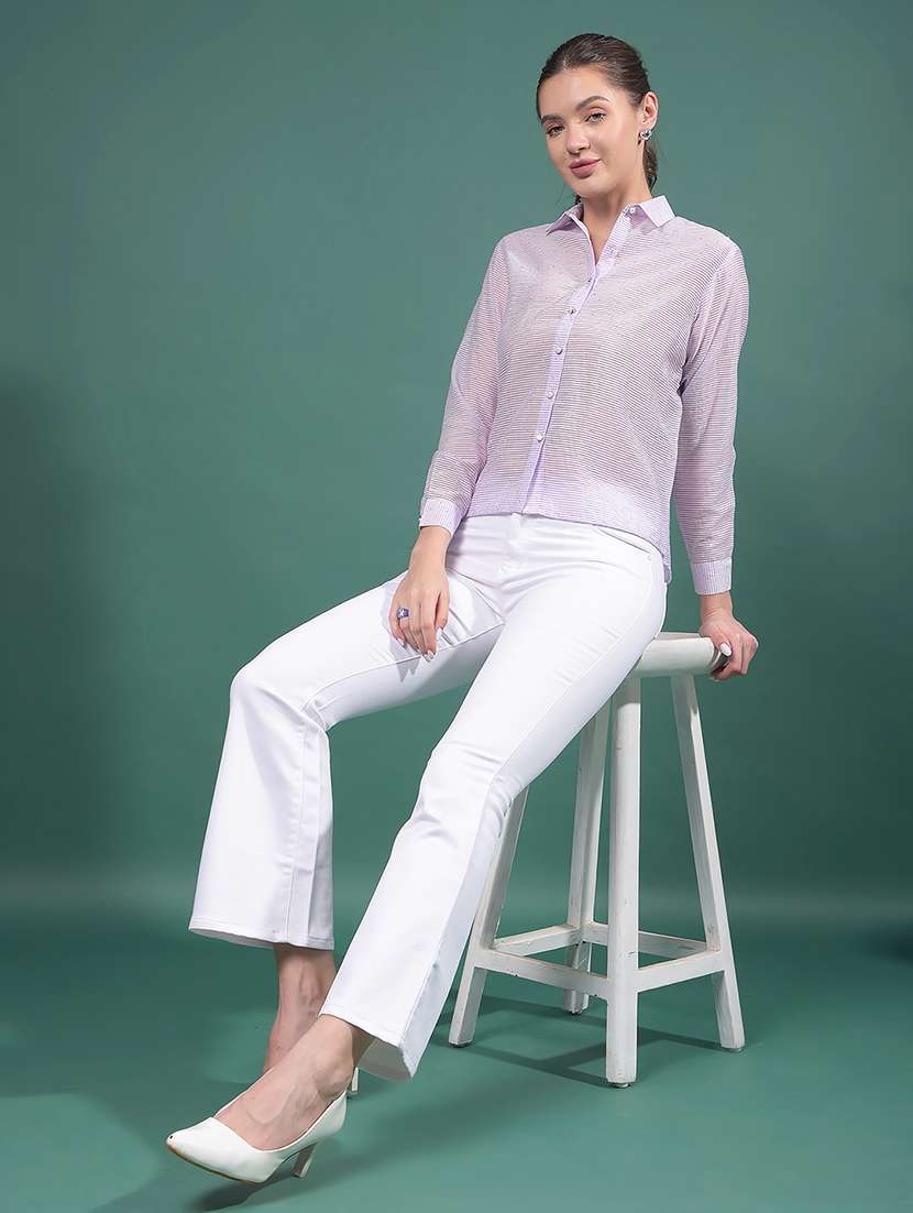 women striped collared long sleeves shirt - 21916046 - Standard Image - 5