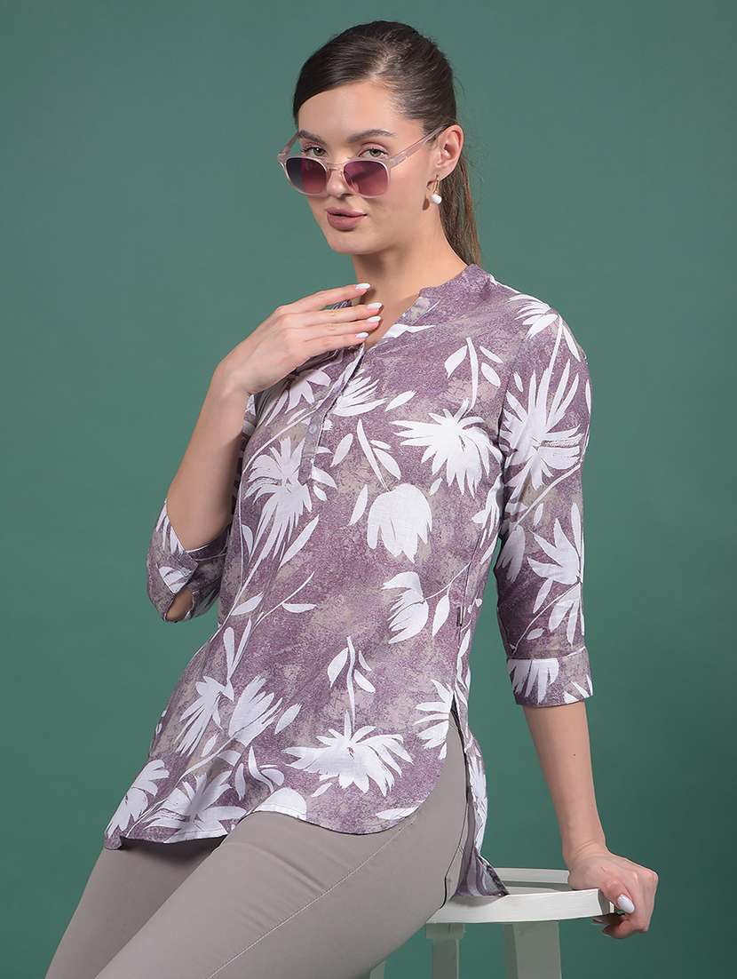 women floral printed mandarin neck regular top