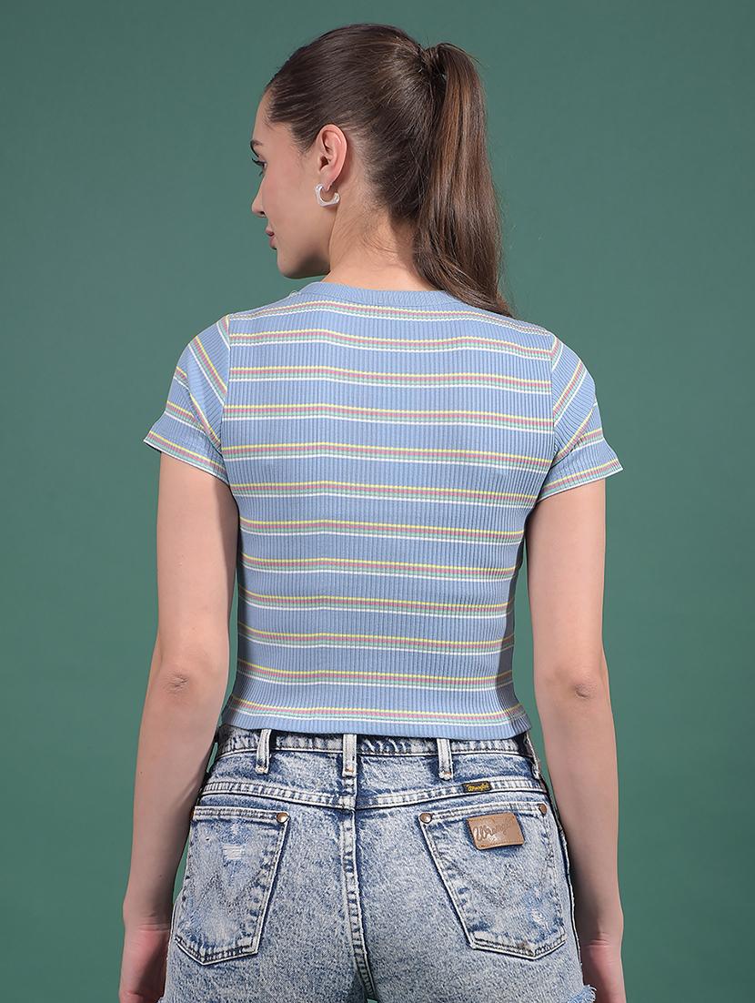 women striped short sleeves crop top - 21916113 - Standard Image - 3