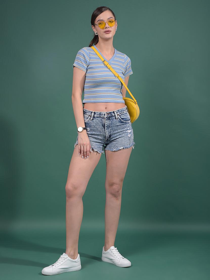 women striped short sleeves crop top - 21916113 - Standard Image - 5