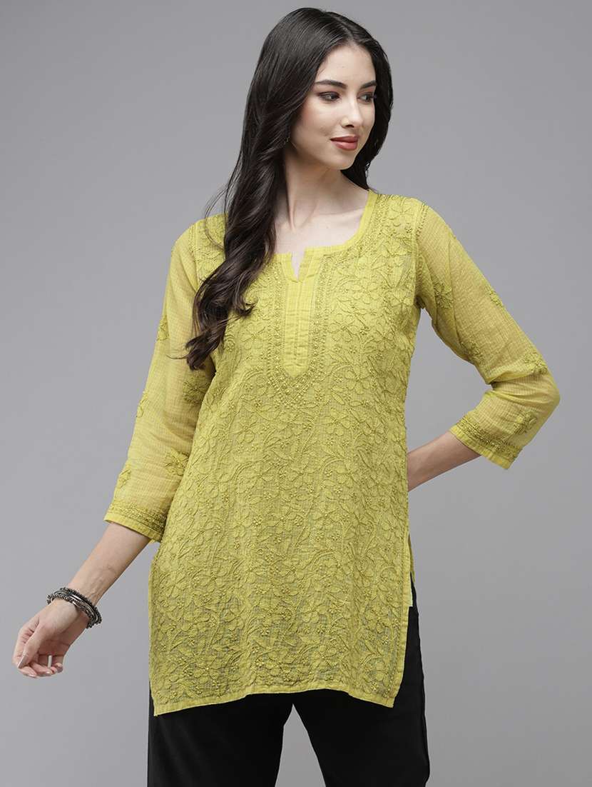 women three quarter sleeve chikankari straight kurti