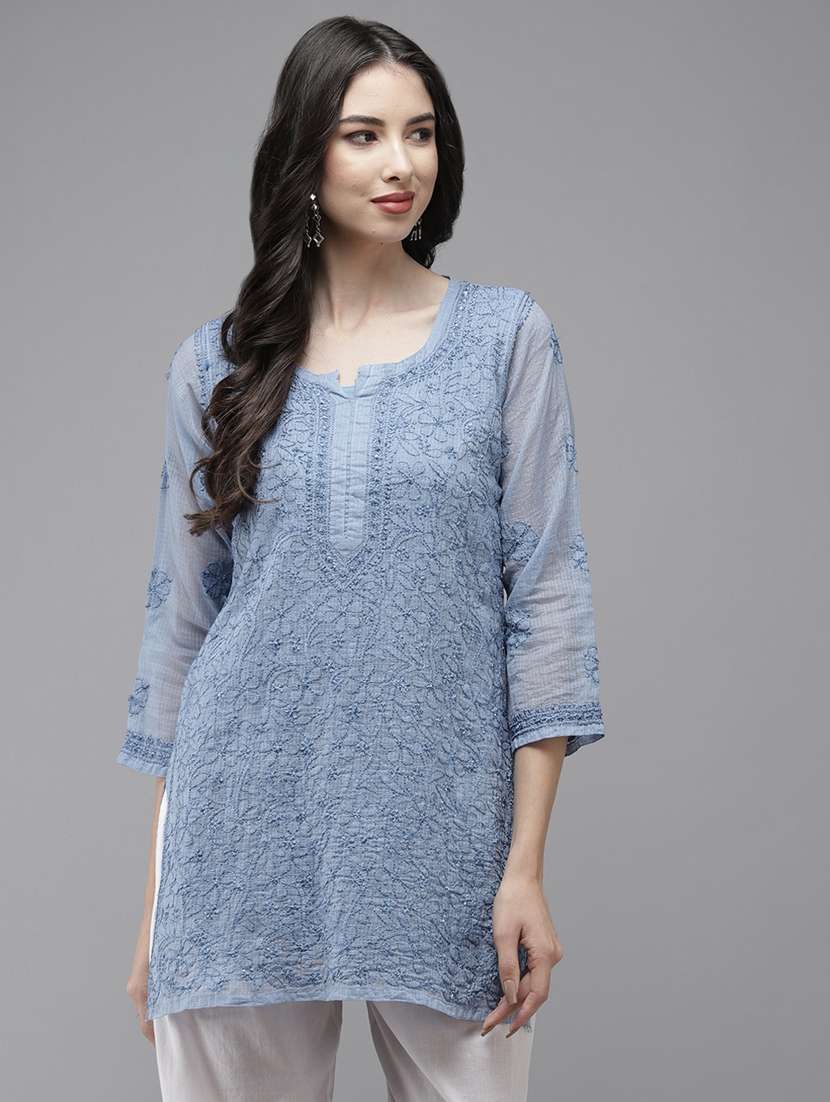 women three quarter sleeve chikankari straight kurti