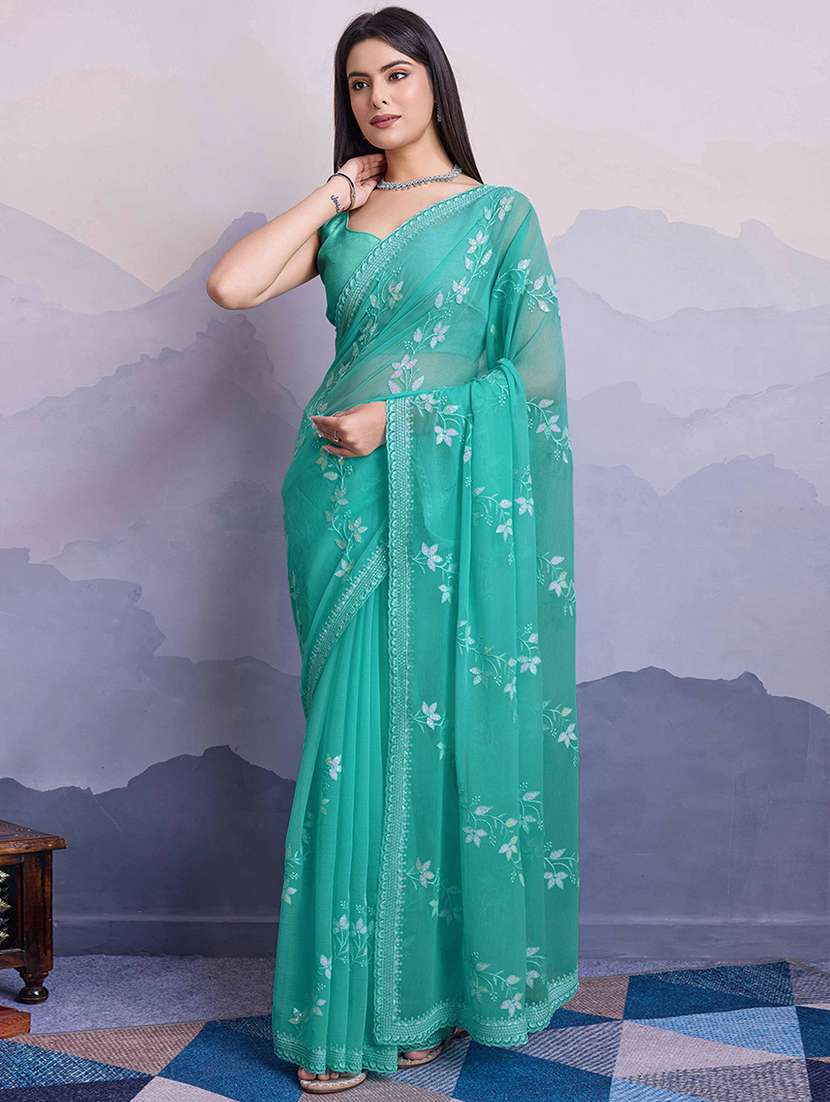 women sea green embroidered saree with blouse - 21916194 -  Zoom Image - 0