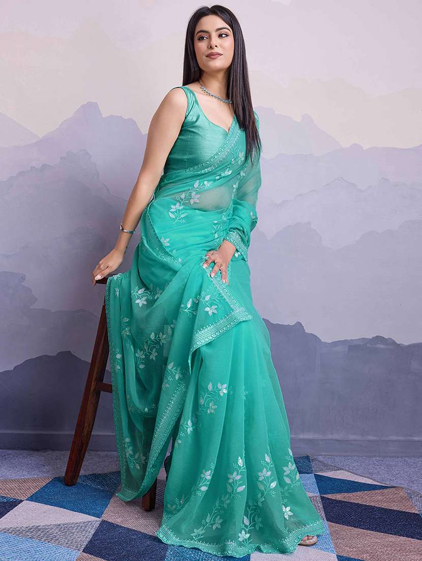 women sea green embroidered saree with blouse - 21916194 -  Standard Image - 3