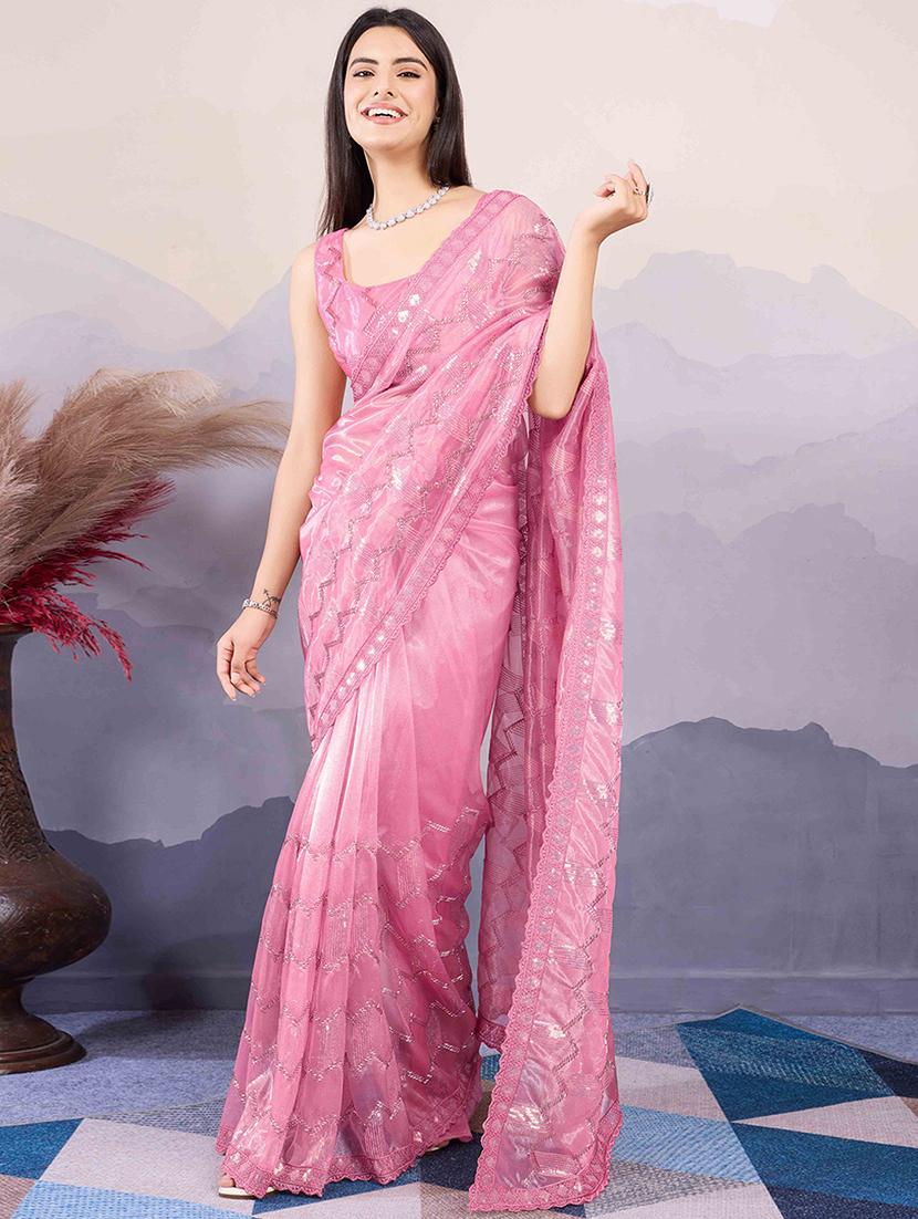 women solid with work embellished saree with blouse - 21916205 - Standard Image - 3