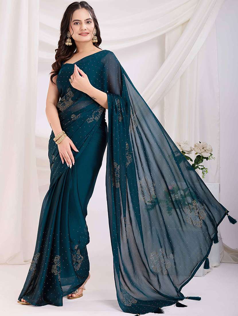 women solid with work embellished saree with blouse - 21916208 -  Standard Image - 3