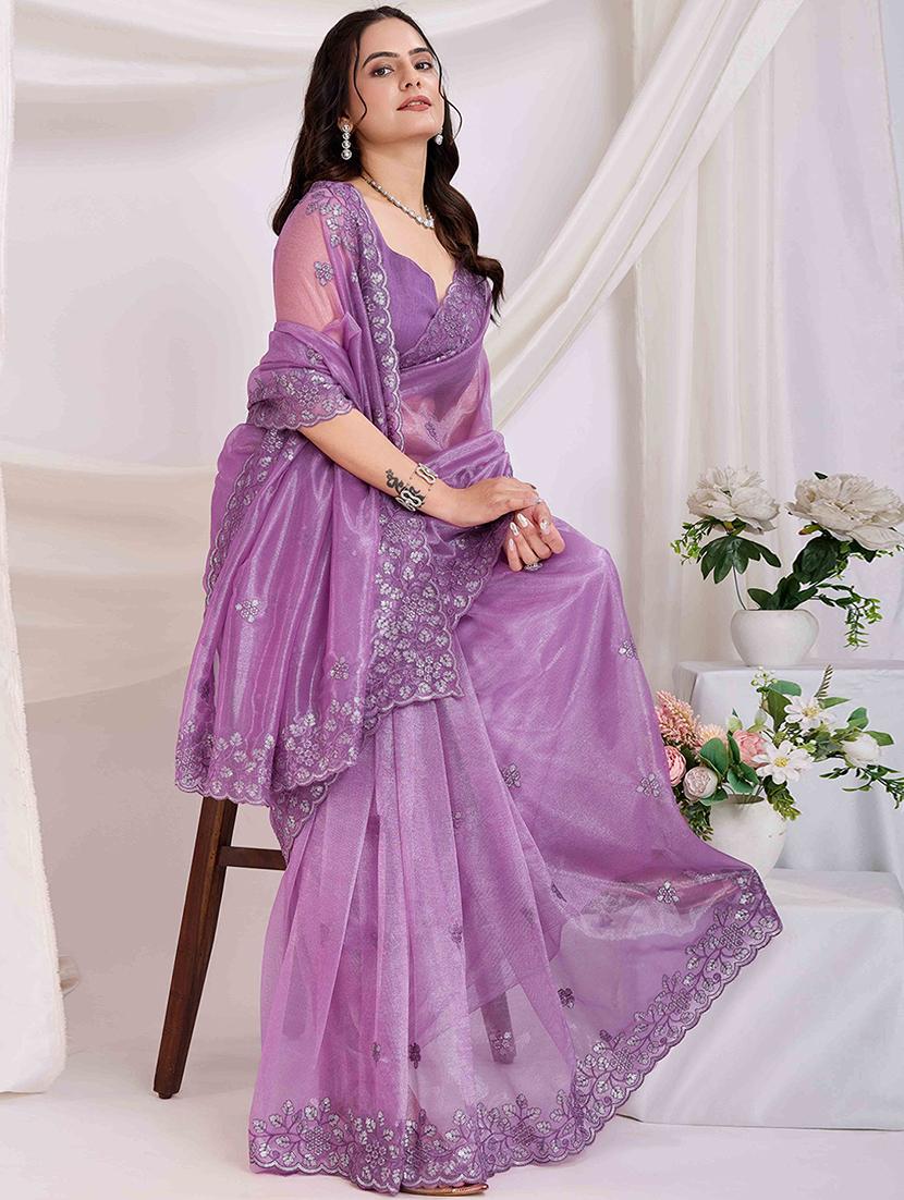women solid with work embroidered saree with blouse - 21916222 - Standard Image - 3
