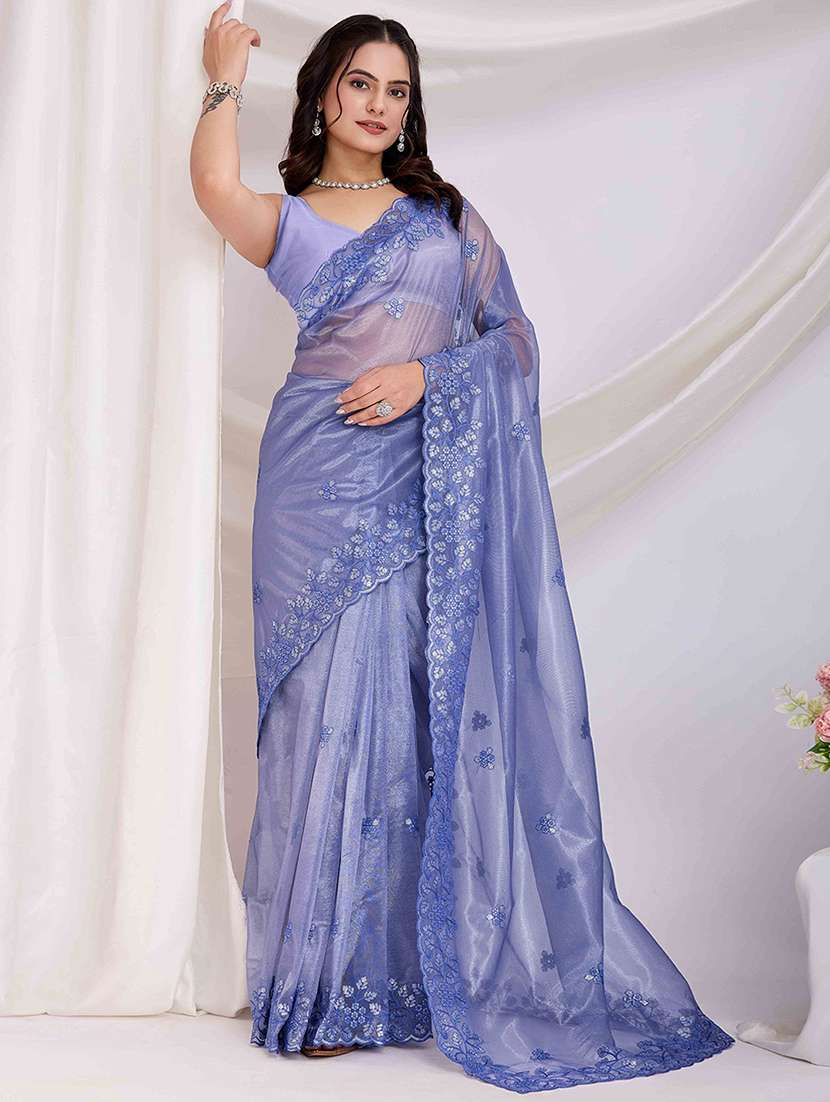 women solid with work embroidered saree with blouse - 21916224 - Standard Image - 3
