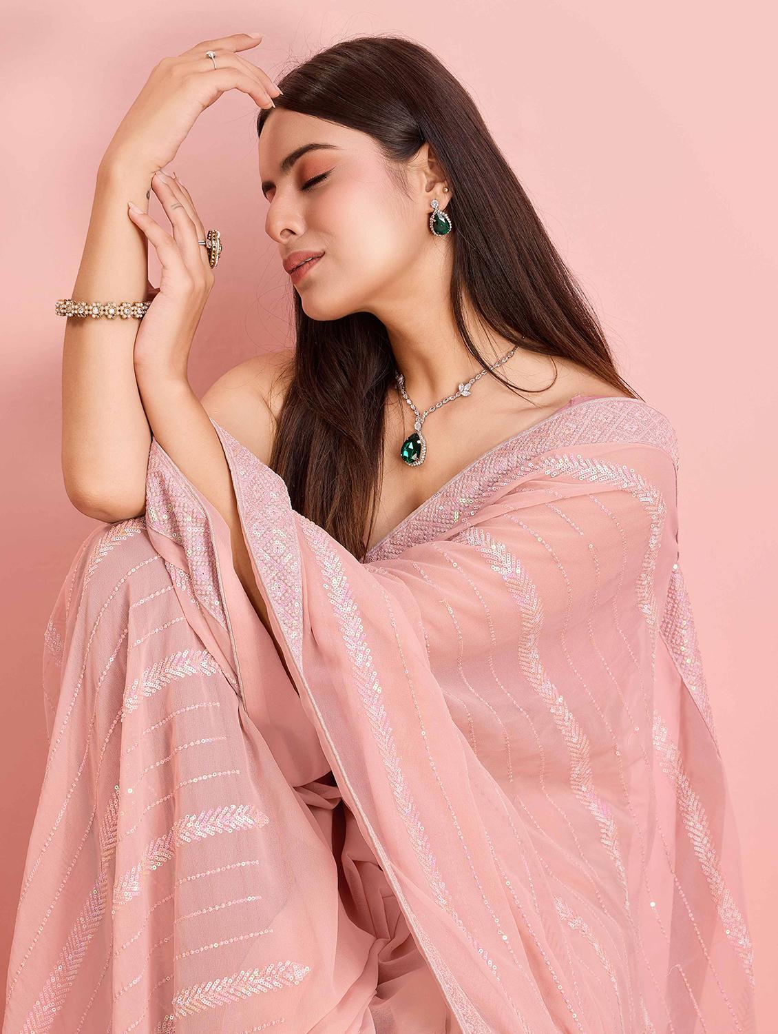 women solid with work embellished saree with blouse - 21916234 - Standard Image - 3