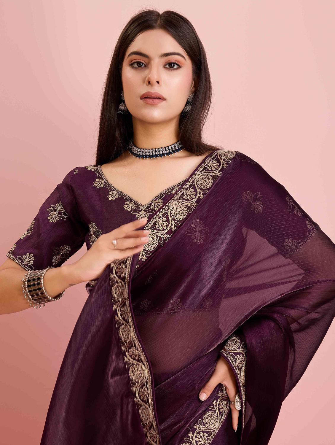 women solid with bordered saree with blouse - 21916248 - Standard Image - 3