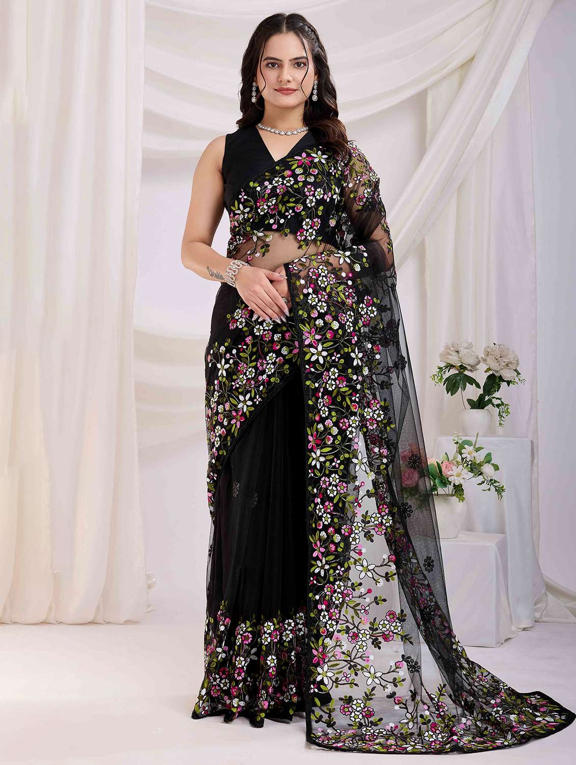 women floral embroidered saree with blouse