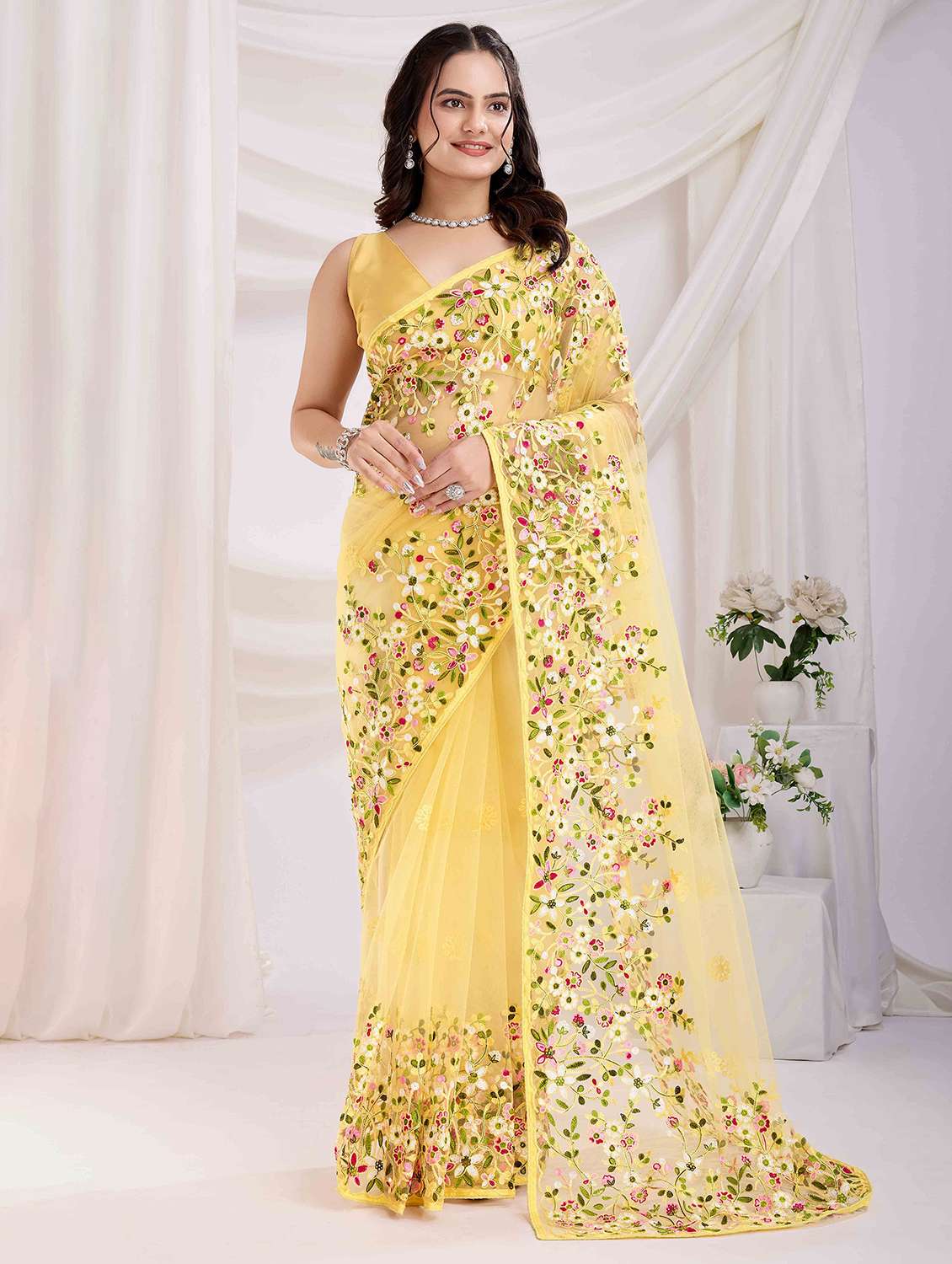 women floral embroidered saree with blouse