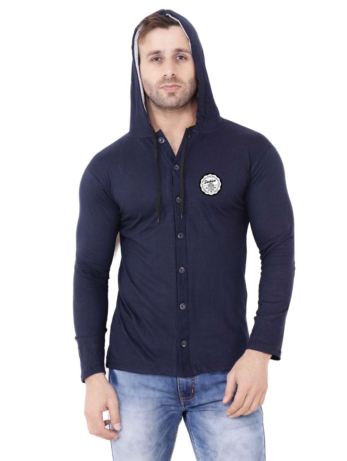 men solid long sleeve slim fit hooded shirt