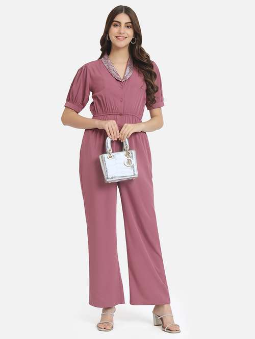 women embellished neck puff sleeves jumpsuit