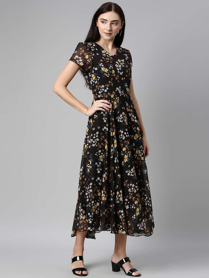 women black floral printed short sleeve fit & flare dress - 21916454 -  Standard Image - 3