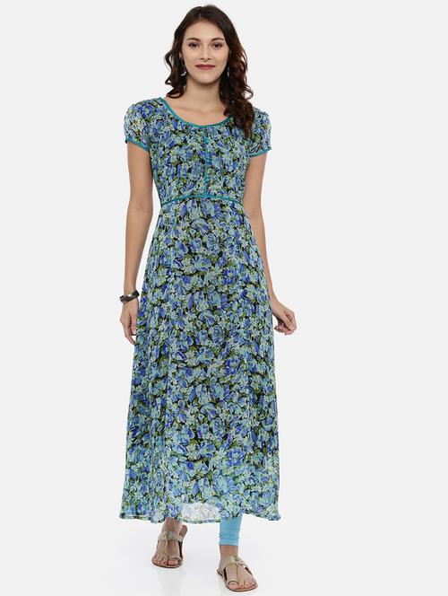 women blue floral printed short sleeve a-line kurta - 21916455 - Standard Image - 0