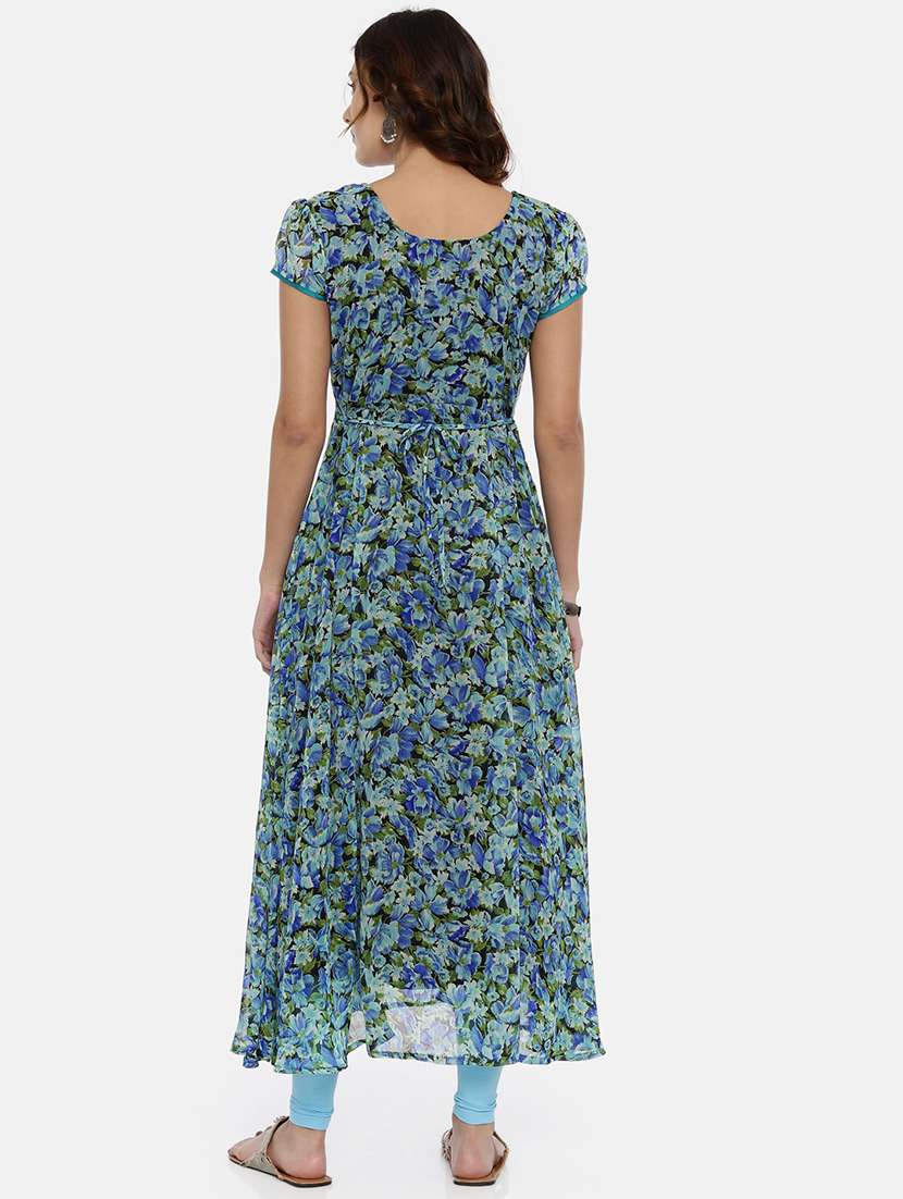 women blue floral printed short sleeve a-line kurta - 21916455 - Standard Image - 3