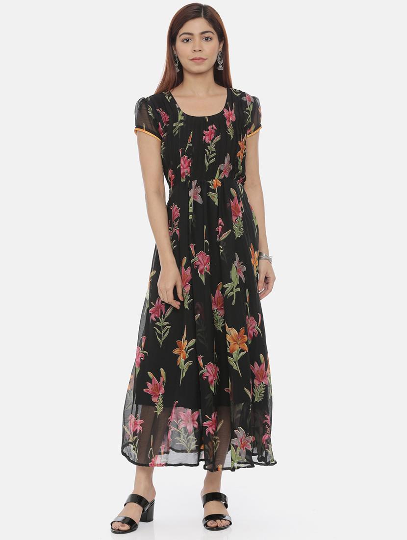 women black floral printed short sleeve fit & flare dress - 21916456 -  Zoom Image - 0