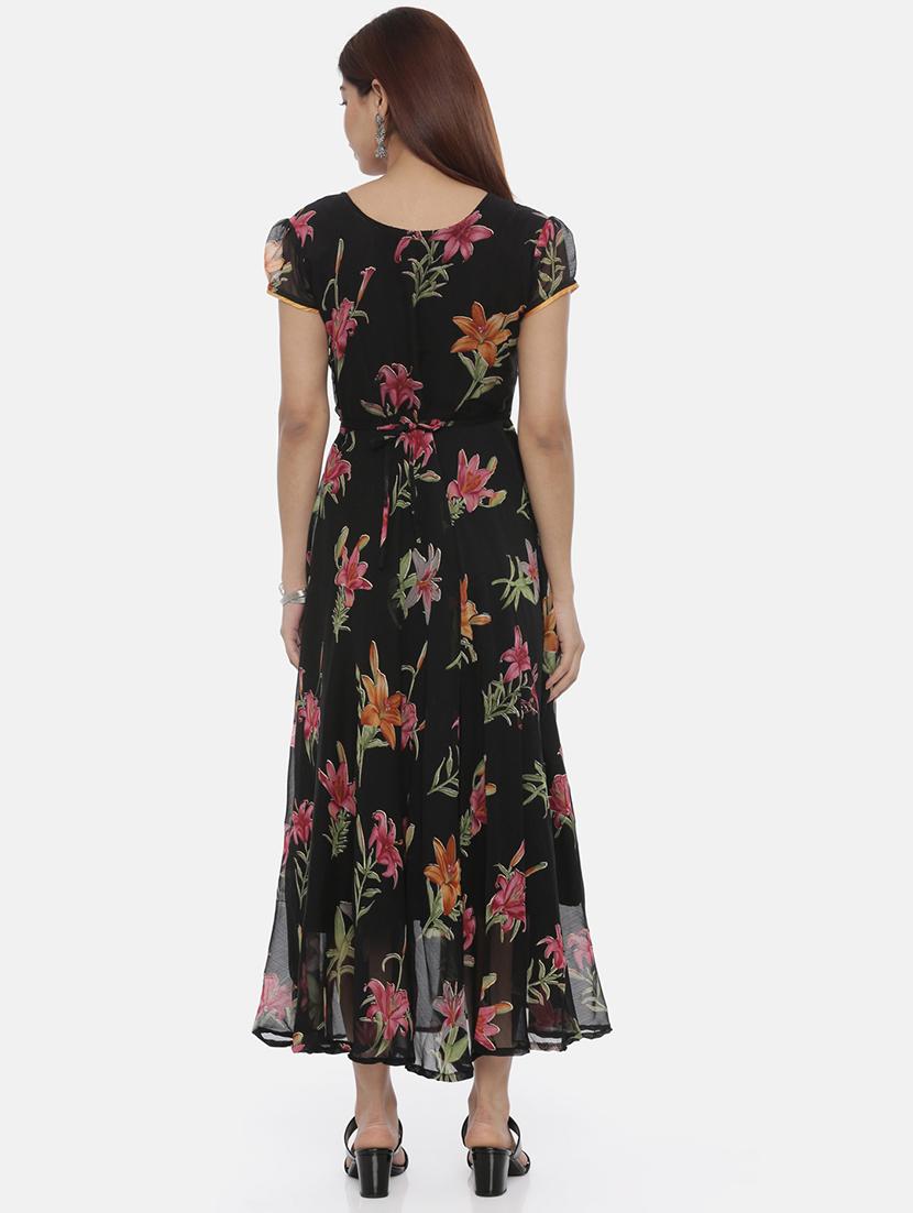 women black floral printed short sleeve fit & flare dress - 21916456 - Standard Image - 3
