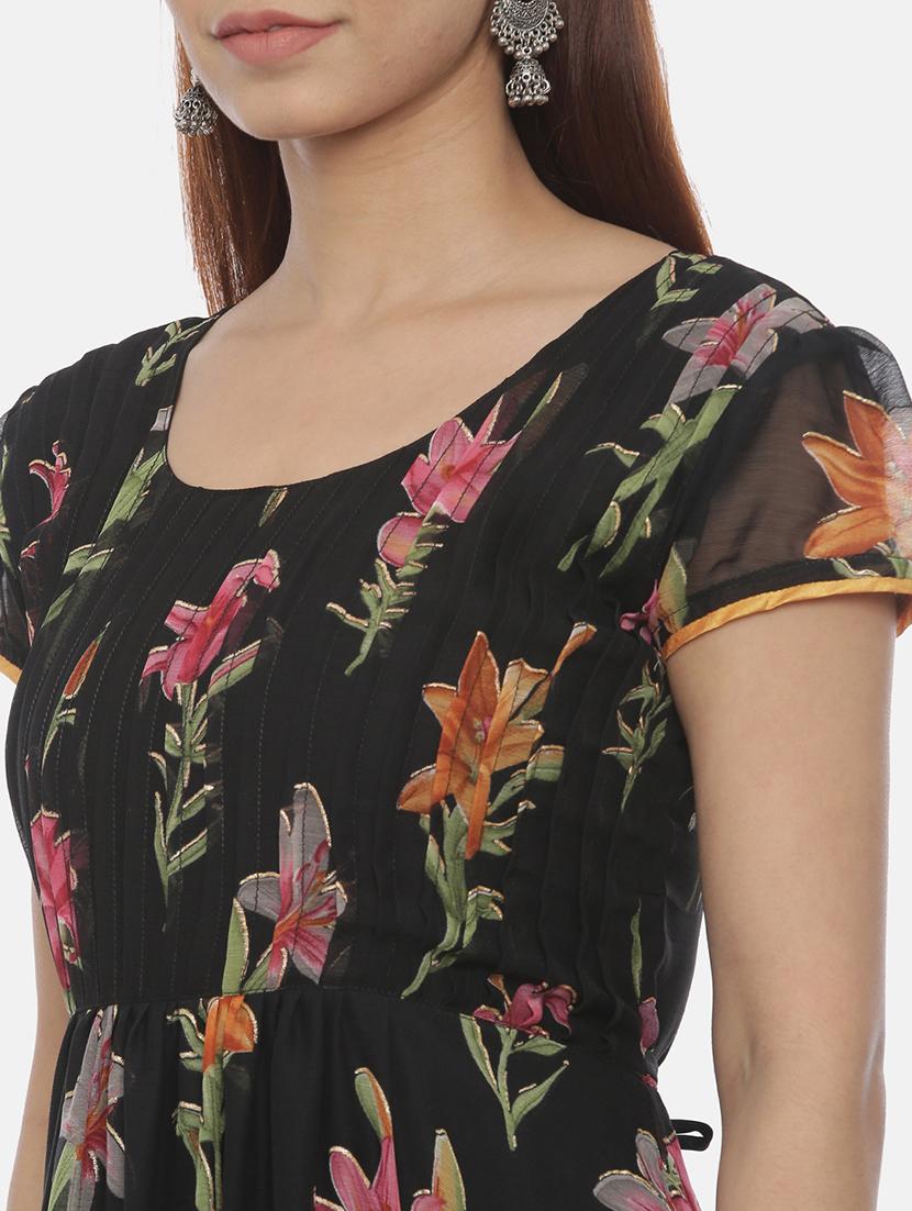 women black floral printed short sleeve fit & flare dress - 21916456 - Standard Image - 5