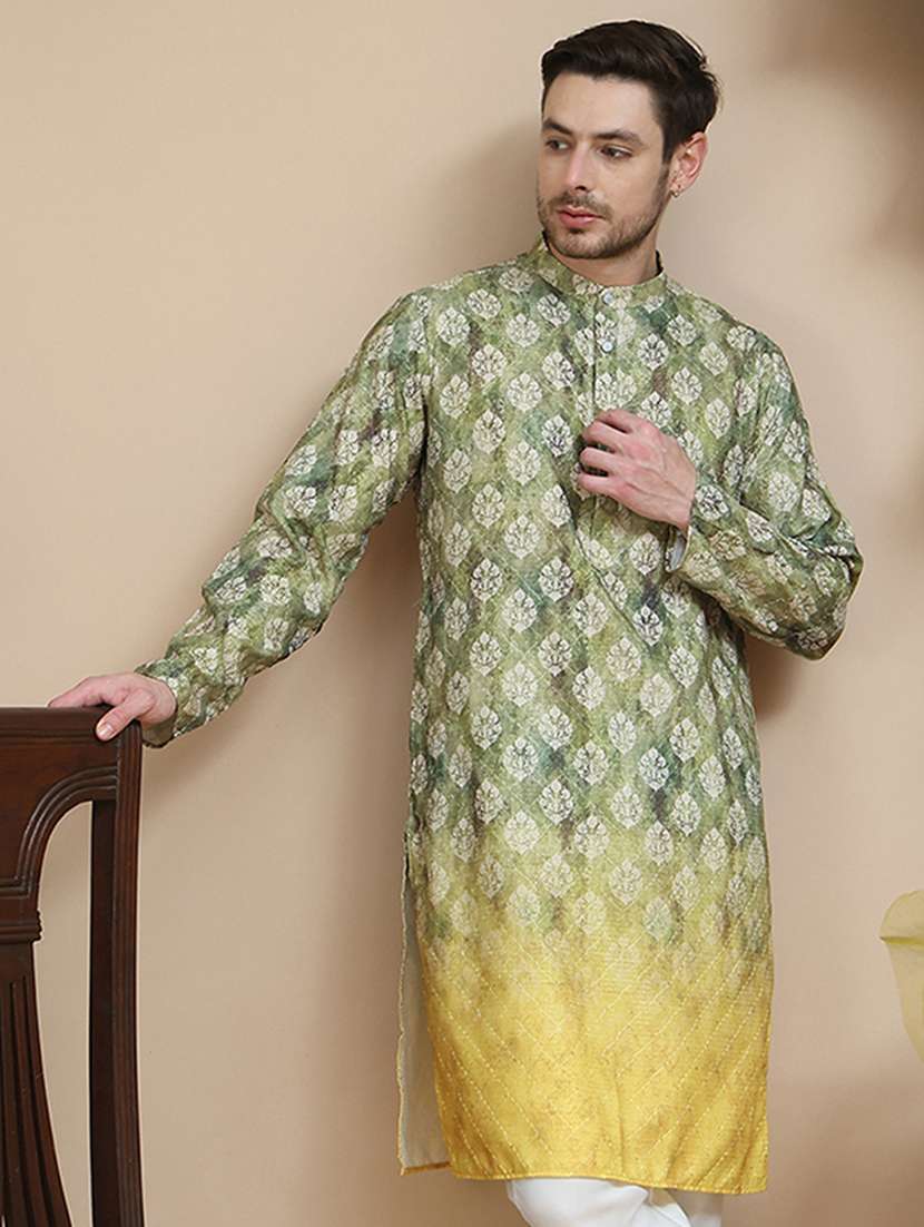 men printed mandarin neck long kurta