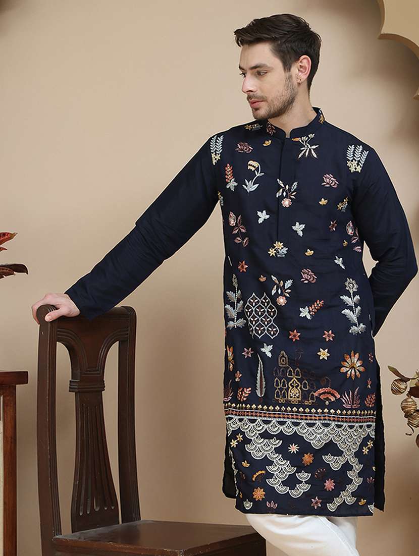 men embroidered mandarin neck long kurta