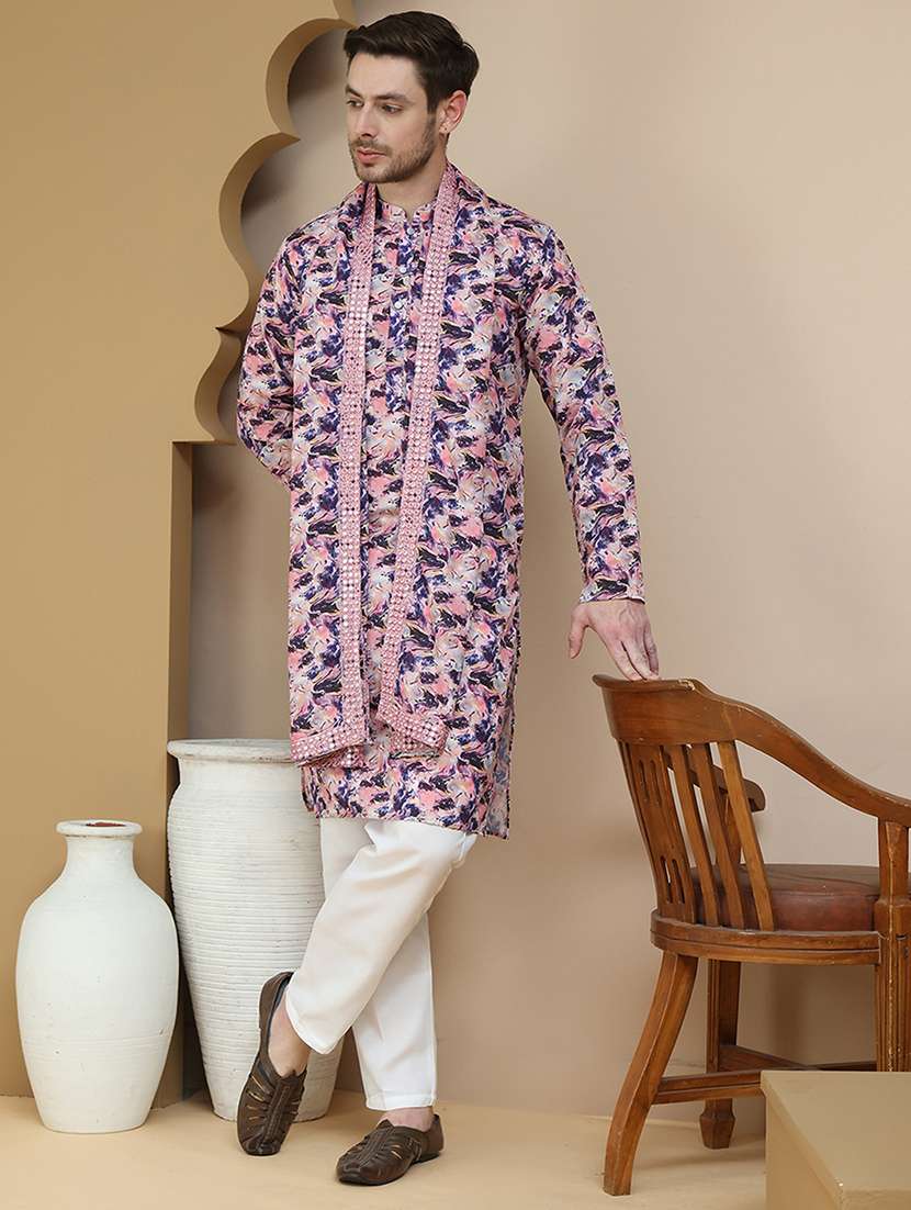 men printed long sleeves kurta pyjama set