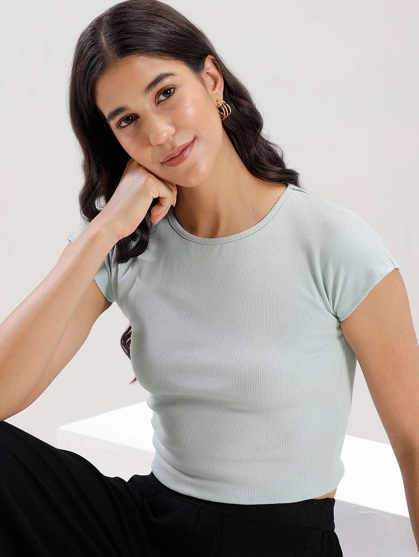 women light blue solid short sleeve crop top