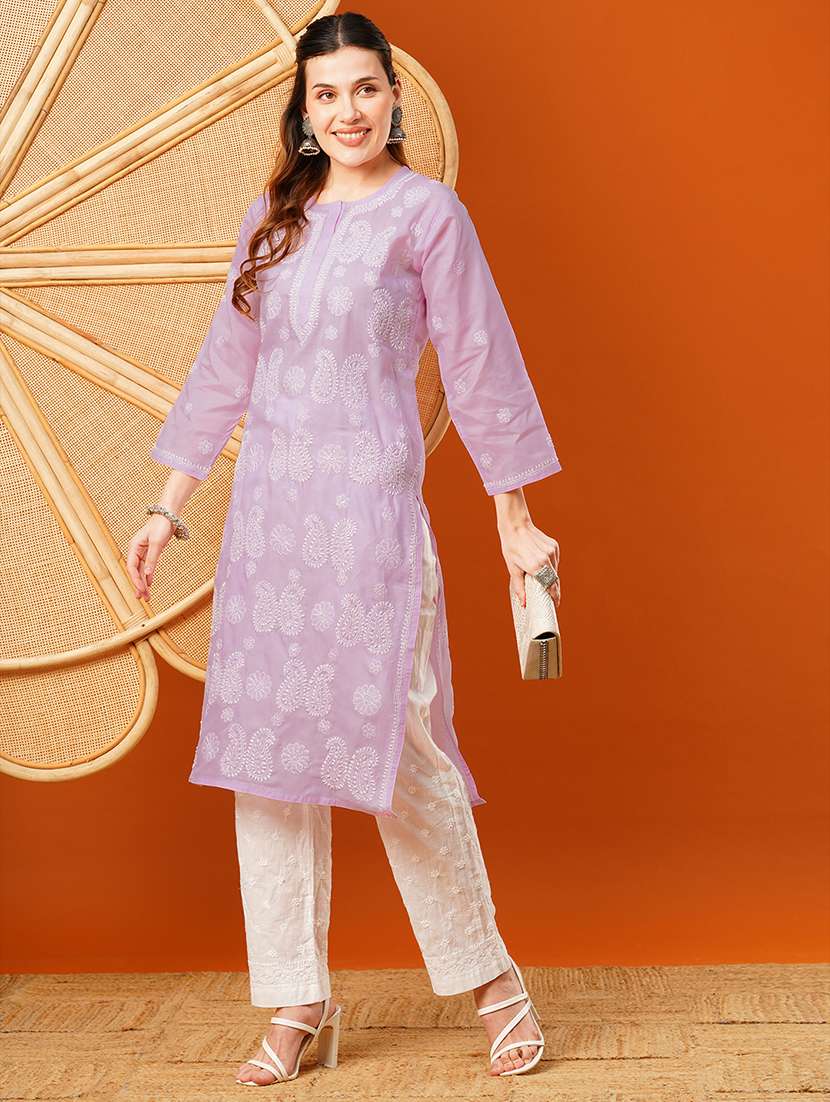 women chikankari long sleeve straight kurta - 21917082 -  Standard Image - 3