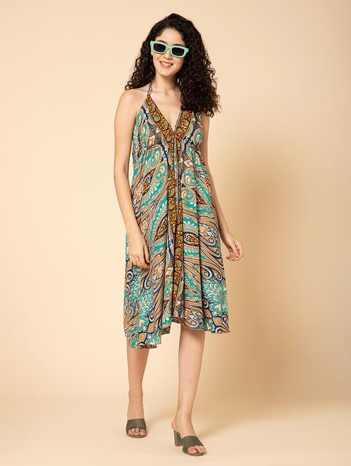 women printed hlater neck backless fit & flare dress - 21917153 - Standard Image - 0