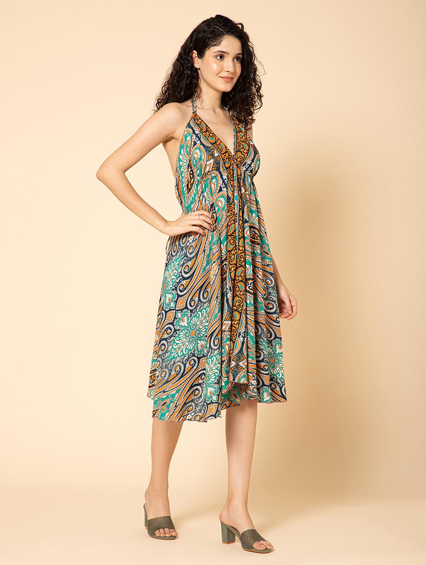 women printed hlater neck backless fit & flare dress - 21917153 - Standard Image - 3