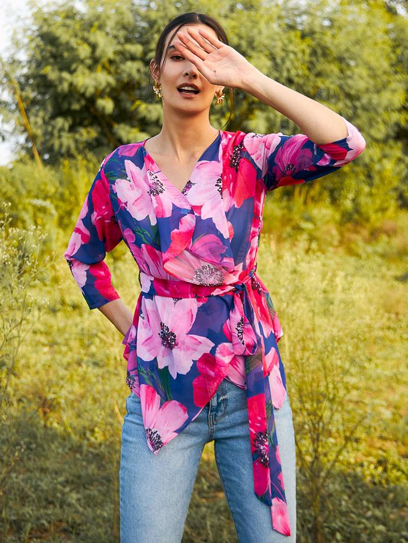 women floral printed asymmetric wrap top