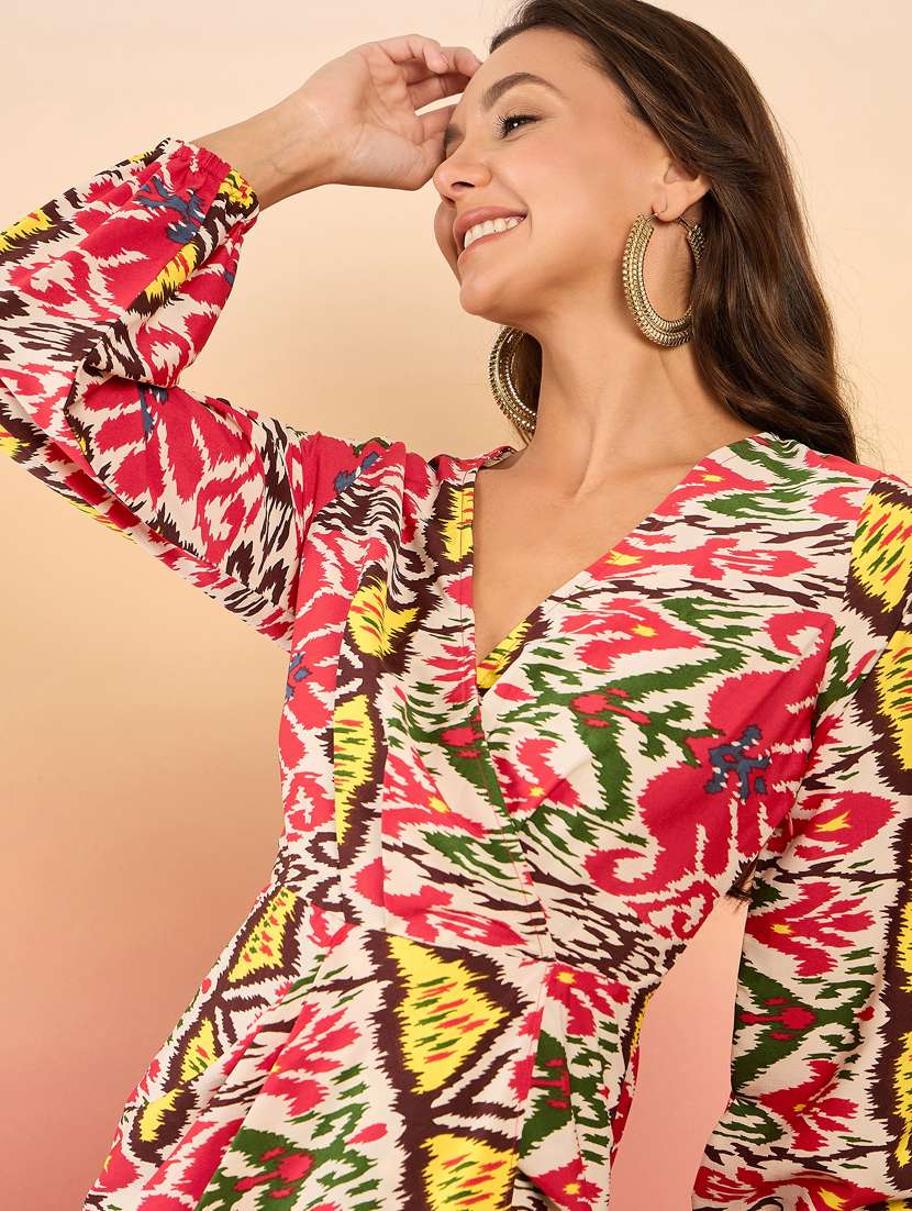 women printed puff sleeves asymmetric dress - 21917295 - Standard Image - 5
