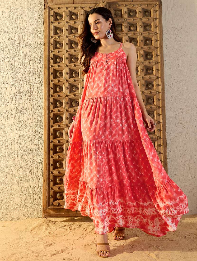 women tie & dye shoulder strap tiered dress