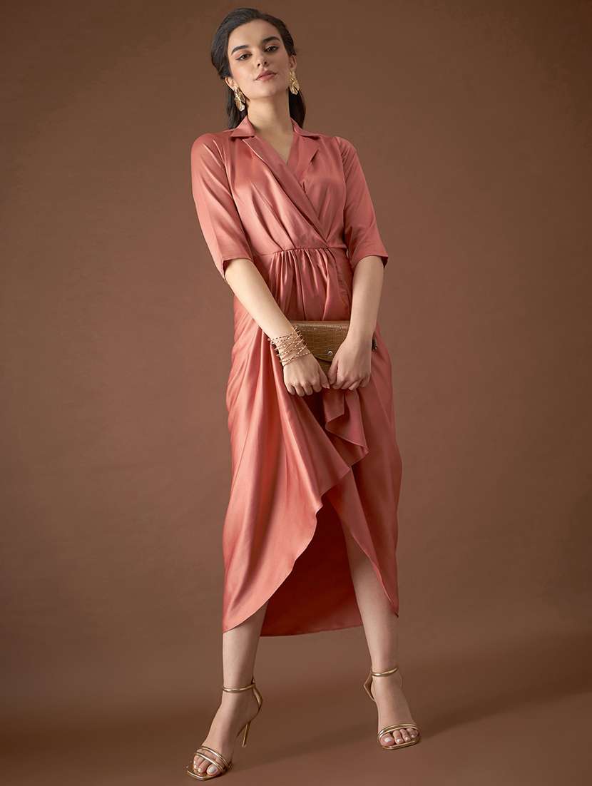 women solid lapel collared asymmetric dress