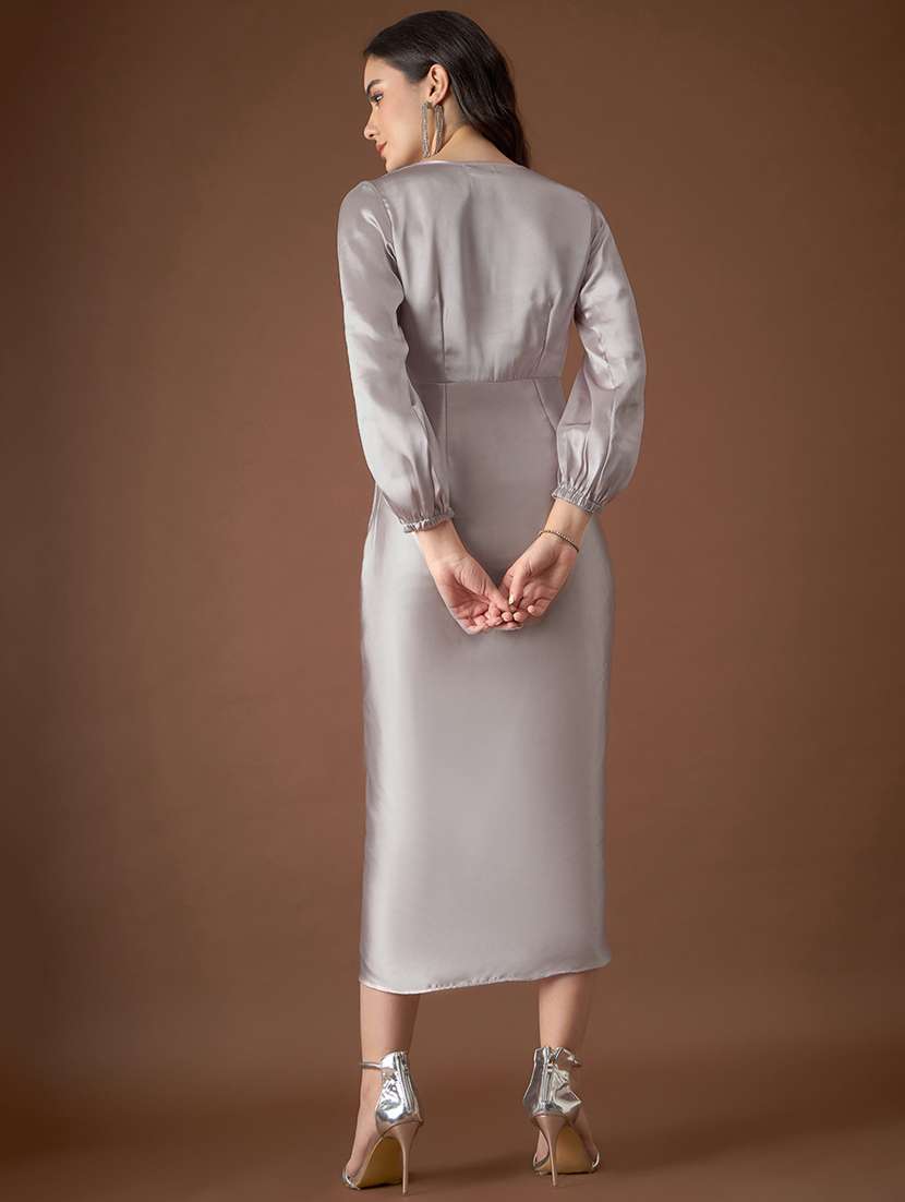 Women Solid Puff Sleeves Wrap Dress