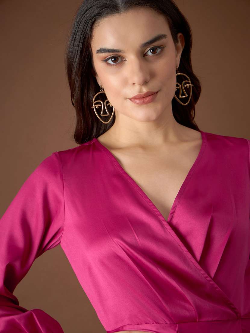 Women Solid Puff Sleeves Wrap Dress
